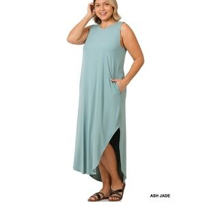 Plus Size‎ Ash Jade Sleeveless Maxi Dress High Low Hem Pockets Size 1X